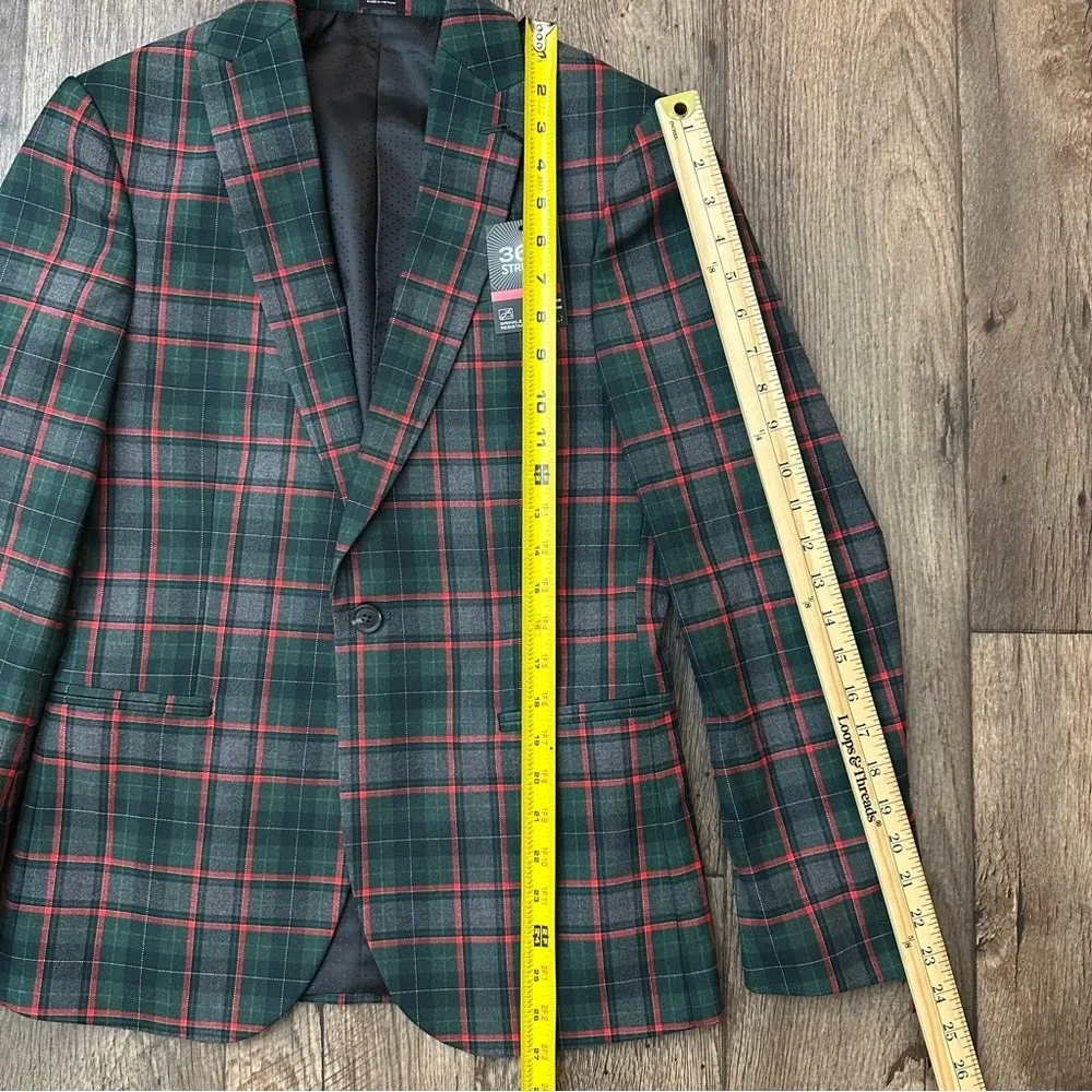JF J Ferrar Sports Coat Slim Suit Jacket Mens S 34/36 Short Plaid Red Green